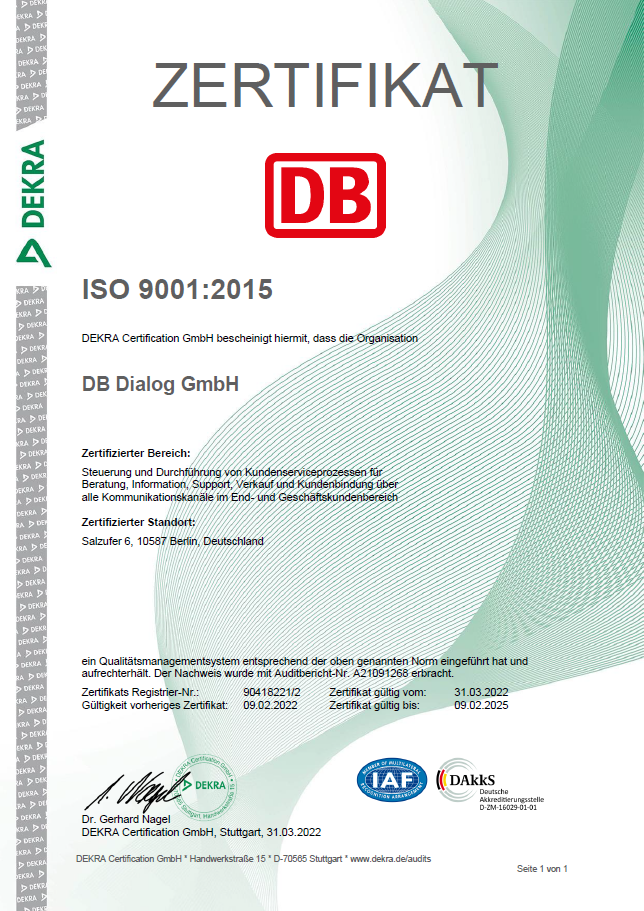ISO Zertifizierung der DB Dialog GmbH