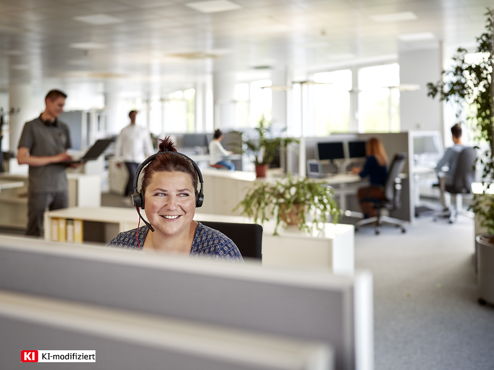 Eine Frau lächelt vor dem Rechner und trägt ein Headset